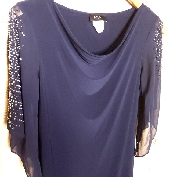 MSK Navy Draped Neck Stretchy Sheer Sleeve Silver Beaded Dress Small - Picture 3 of 5
